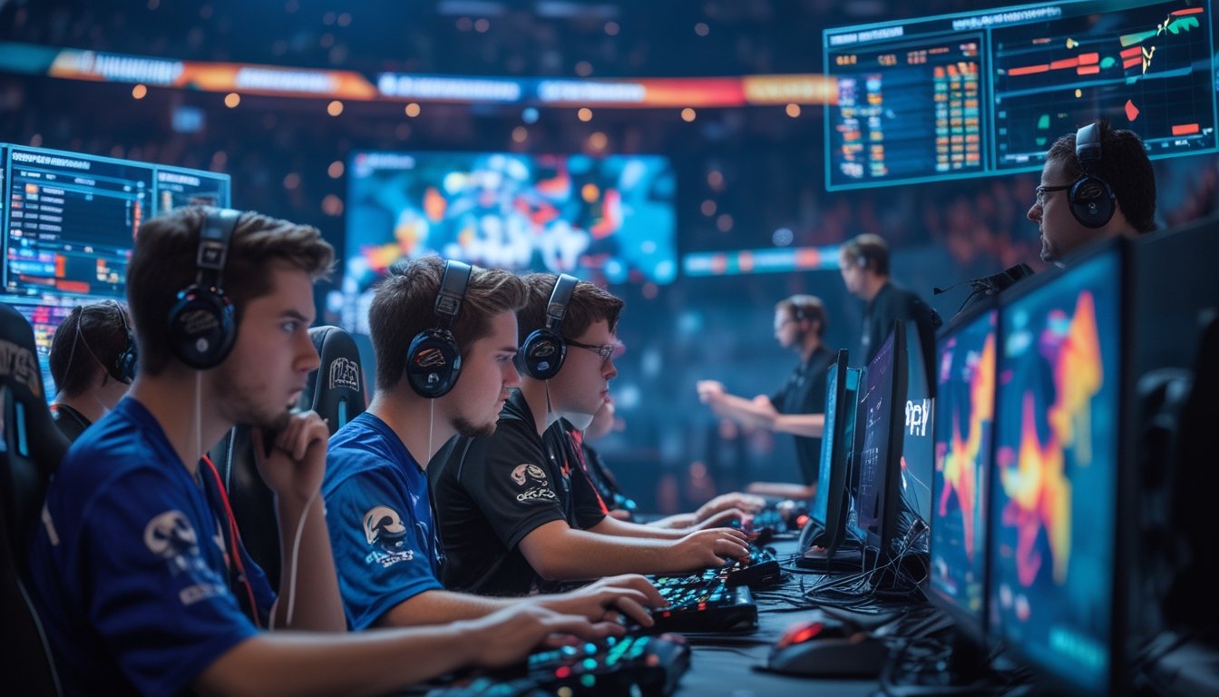 Sekelompok pemain esports sedang bermain dalam turnamen kompetitif dengan monitor dan perangkat gaming di arena modern.