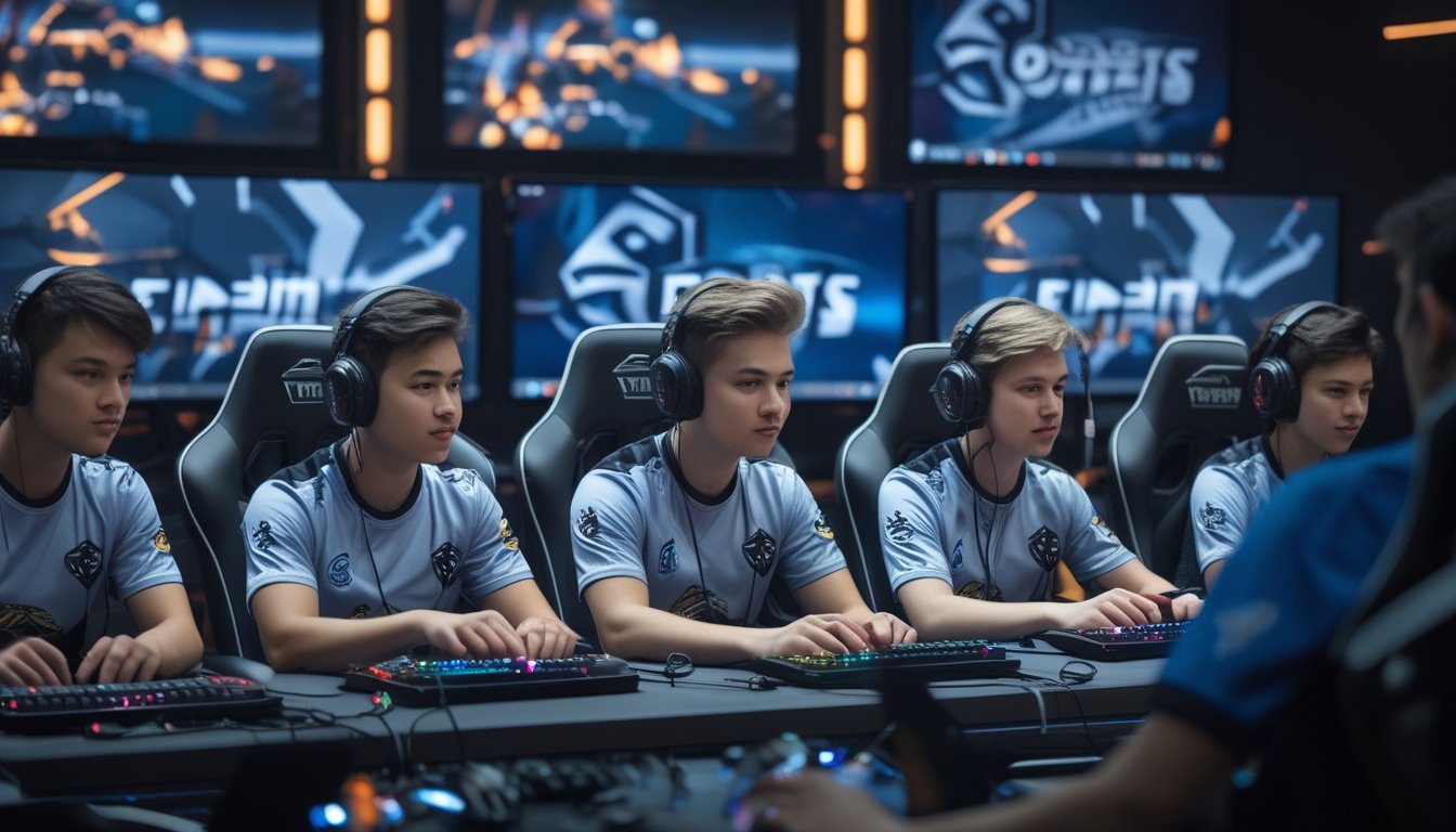 Tim esports yang beragam sedang fokus bermain dalam pertandingan kompetitif di arena gaming modern dengan peralatan komputer dan monitor besar.