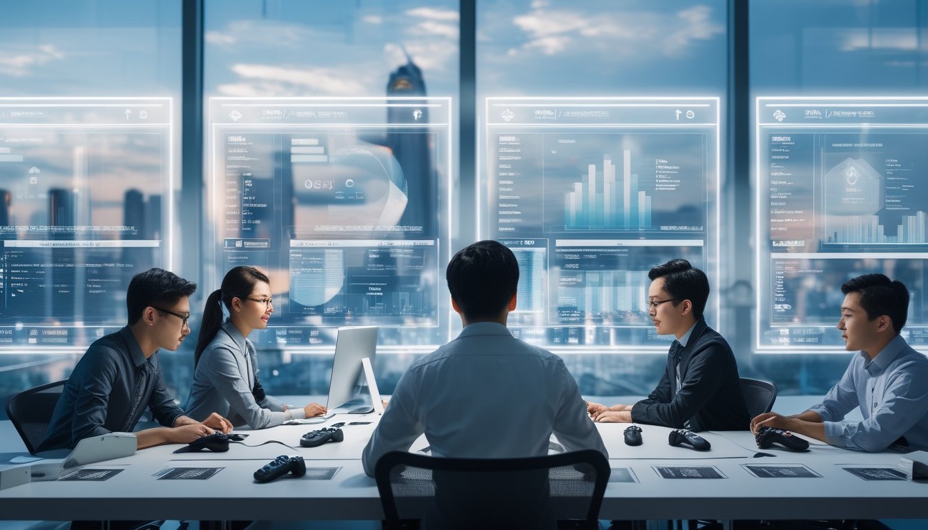 Sejumlah profesional muda Asia Tenggara sedang menganalisis data esports di kantor modern dengan pemandangan kota di latar belakang.