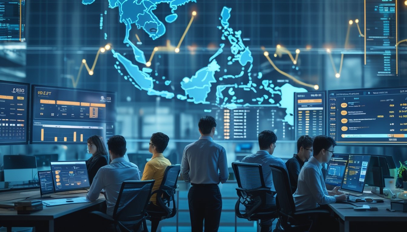 Sekelompok profesional muda sedang menganalisis data esports dan taruhan di kantor modern dengan peta Asia Tenggara di latar belakang.