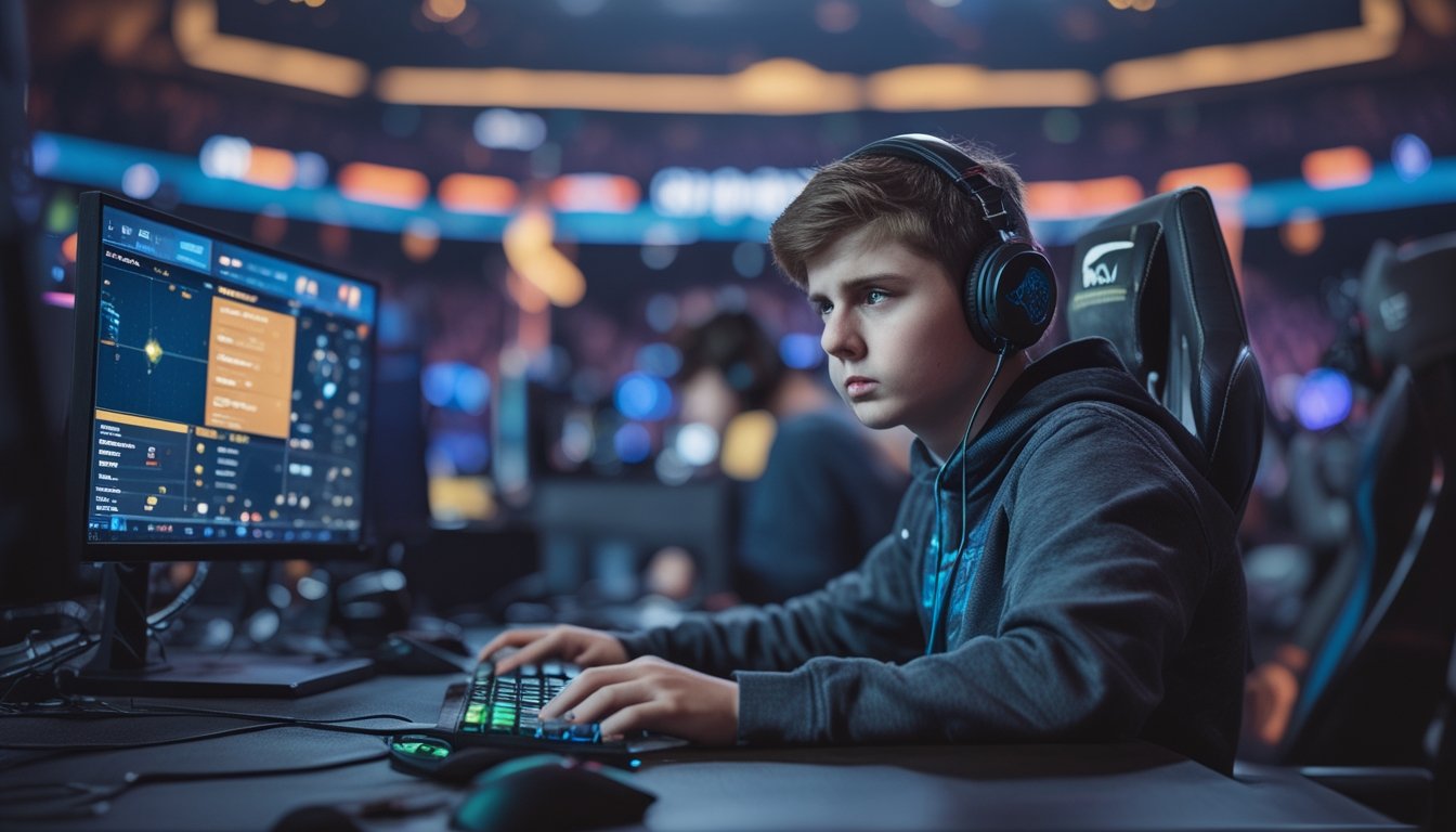 Seorang pemain esports muda duduk di depan komputer dengan ekspresi fokus dan sedikit frustrasi, dikelilingi oleh perlengkapan gaming di latar belakang arena esports yang ramai.