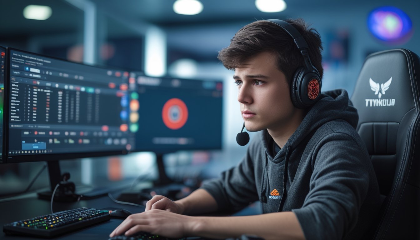 Seorang pemain esports muda duduk di depan meja gaming dengan beberapa monitor yang menampilkan pertandingan dan antarmuka taruhan esports, tampak fokus dan berpikir.