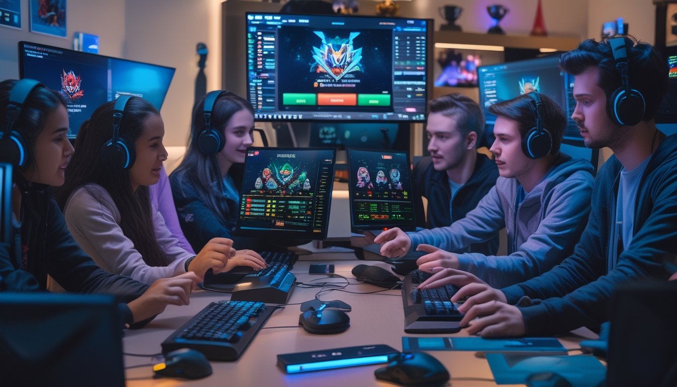 Sekelompok orang muda berkumpul di ruang permainan dengan komputer dan perangkat elektronik, sedang berdiskusi dan melihat layar yang menampilkan pertandingan esports.