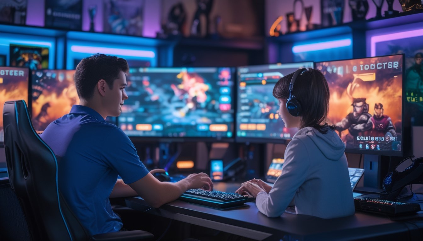 Dua orang muda duduk di depan komputer dengan tampilan permainan esports dan informasi taruhan, di sebuah ruangan gaming modern.