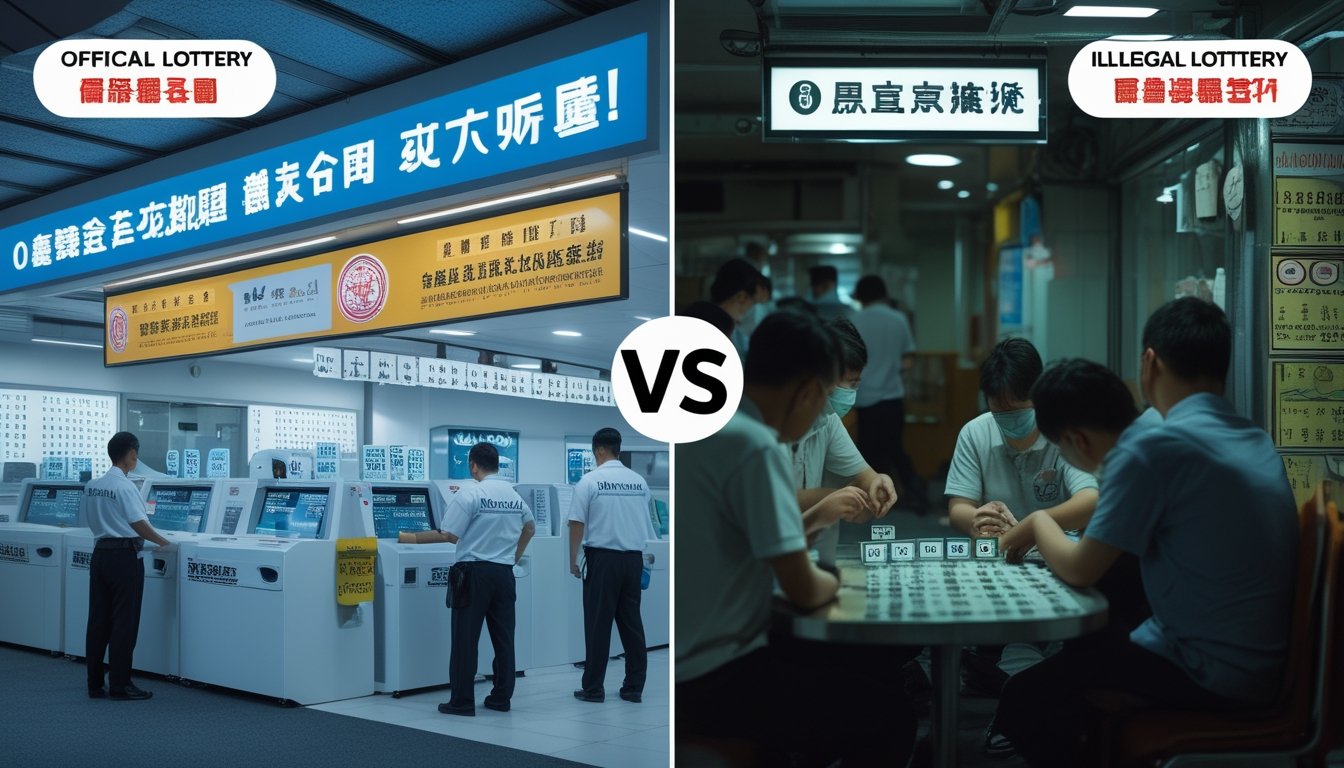 Perbedaan antara kantor lotere resmi Hong Kong yang modern dan teratur dengan tempat lotere ilegal yang gelap dan berantakan, menampilkan aktivitas pembelian tiket resmi dan praktik taruhan ilegal.