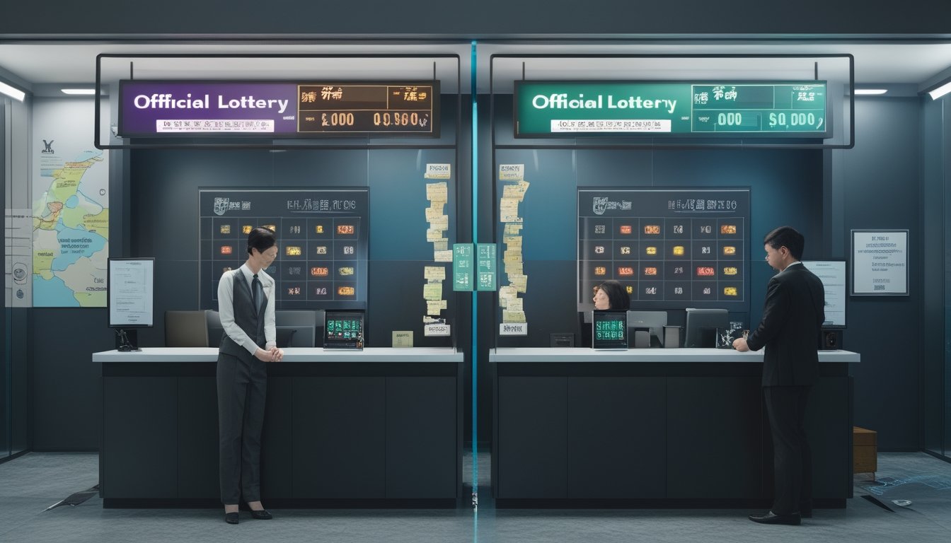 Suasana kantor modern yang menunjukkan perbedaan antara sistem lotere resmi Hong Kong dengan praktik togel ilegal, dengan satu sisi pelayanan resmi dan sisi lain aktivitas perjudian gelap.