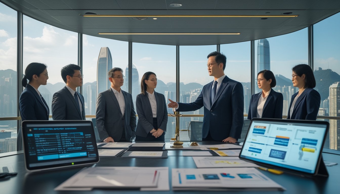 Sekelompok profesional di kantor modern sedang berdiskusi tentang regulasi perjudian dengan latar belakang pemandangan kota Hong Kong.