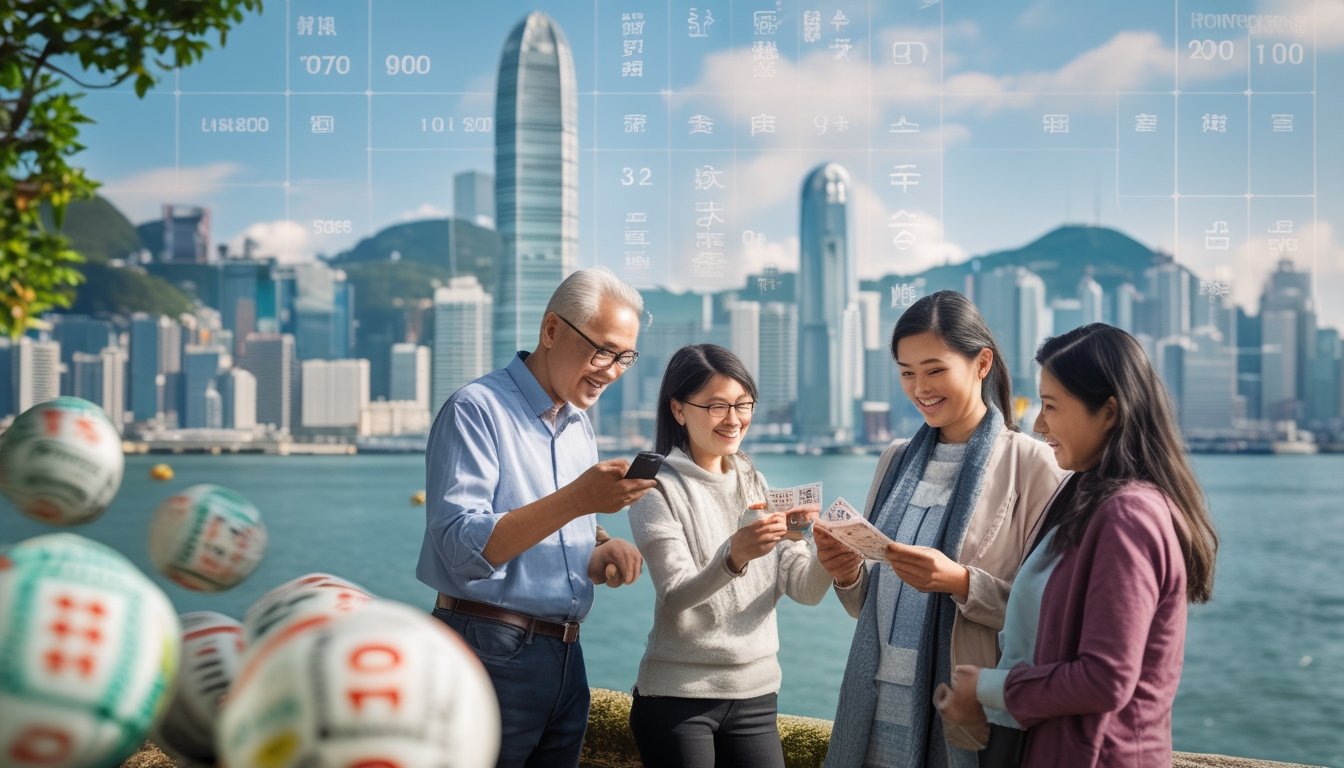 Pemandangan kota Hong Kong dengan sekelompok orang yang memegang tiket lotere dan memeriksa hasil lotere bersama.