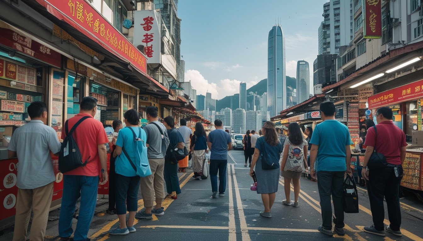 Pemandangan jalan ramai di Hong Kong dengan orang-orang membeli tiket lotere dan latar belakang gedung pencakar langit serta pelabuhan.