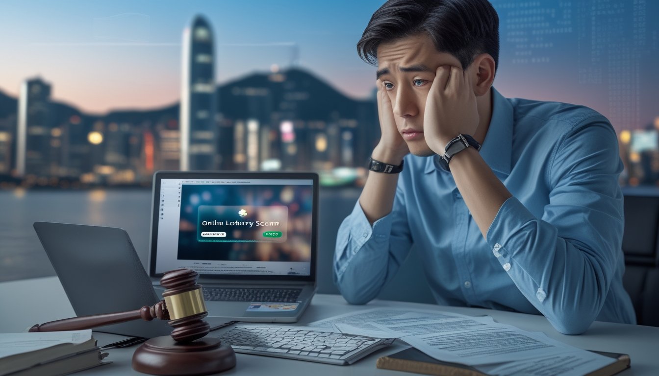 Seorang dewasa muda duduk di meja dengan laptop, tampak khawatir, dikelilingi oleh palu hakim dan dokumen hukum, dengan latar belakang siluet kota Hong Kong dan kode digital.