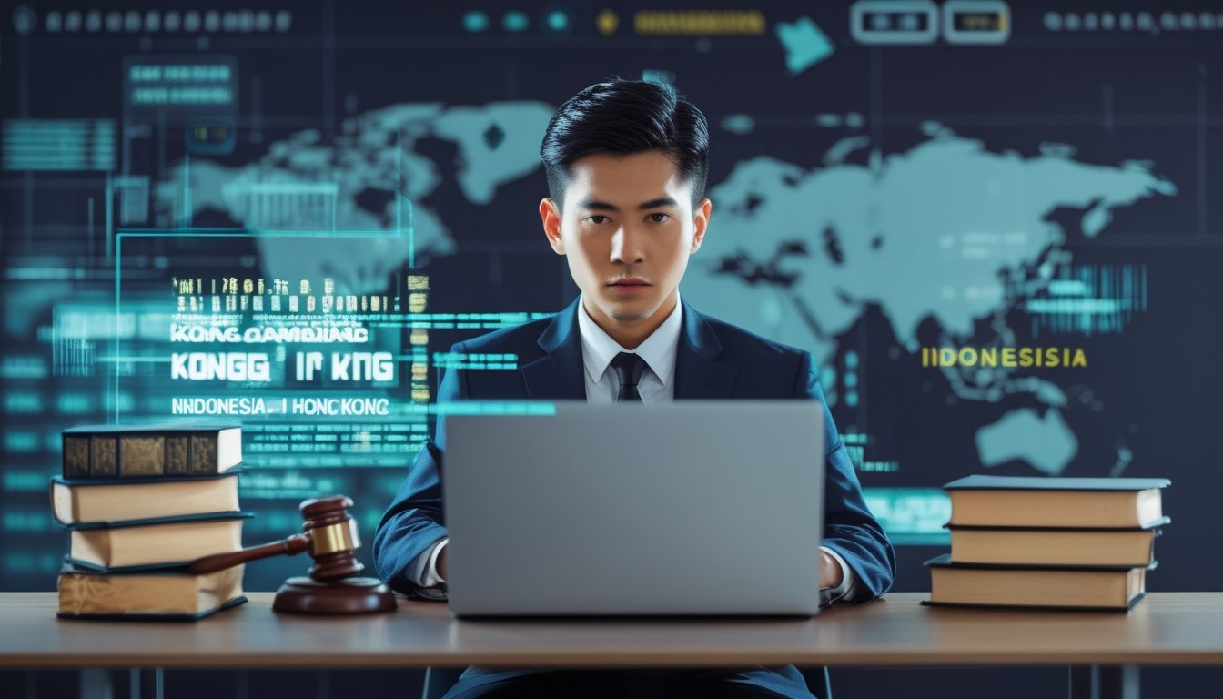 Seorang pria serius duduk di depan laptop dengan buku hukum dan palu hakim di meja, menggambarkan risiko hukum judi online di Indonesia terkait togel Hong Kong.