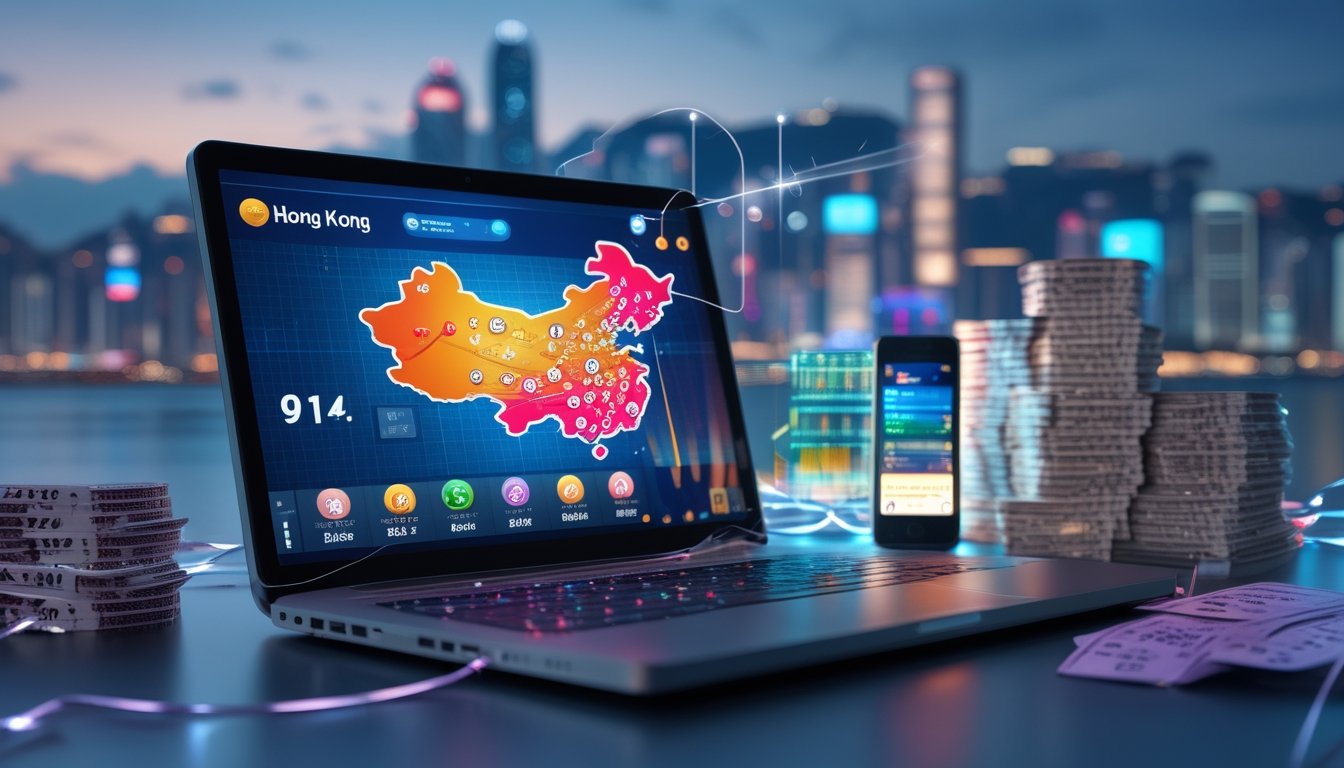 Meja kerja modern dengan laptop yang menampilkan peta Hong Kong dan simbol togel online, dikelilingi oleh smartphone dan tiket togel, dengan latar belakang kota Hong Kong saat senja.