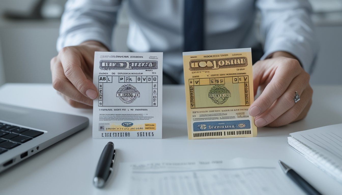 Tangan seseorang memegang dua tiket lotere berbeda, satu resmi dan satu palsu, di latar kantor yang rapi.
