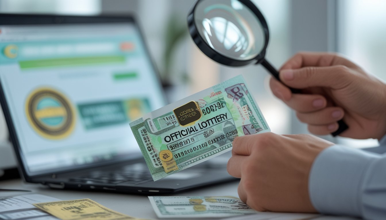 Tangan seseorang memegang tiket lotere resmi dengan ciri keamanan, di meja kantor dengan laptop dan kaca pembesar.