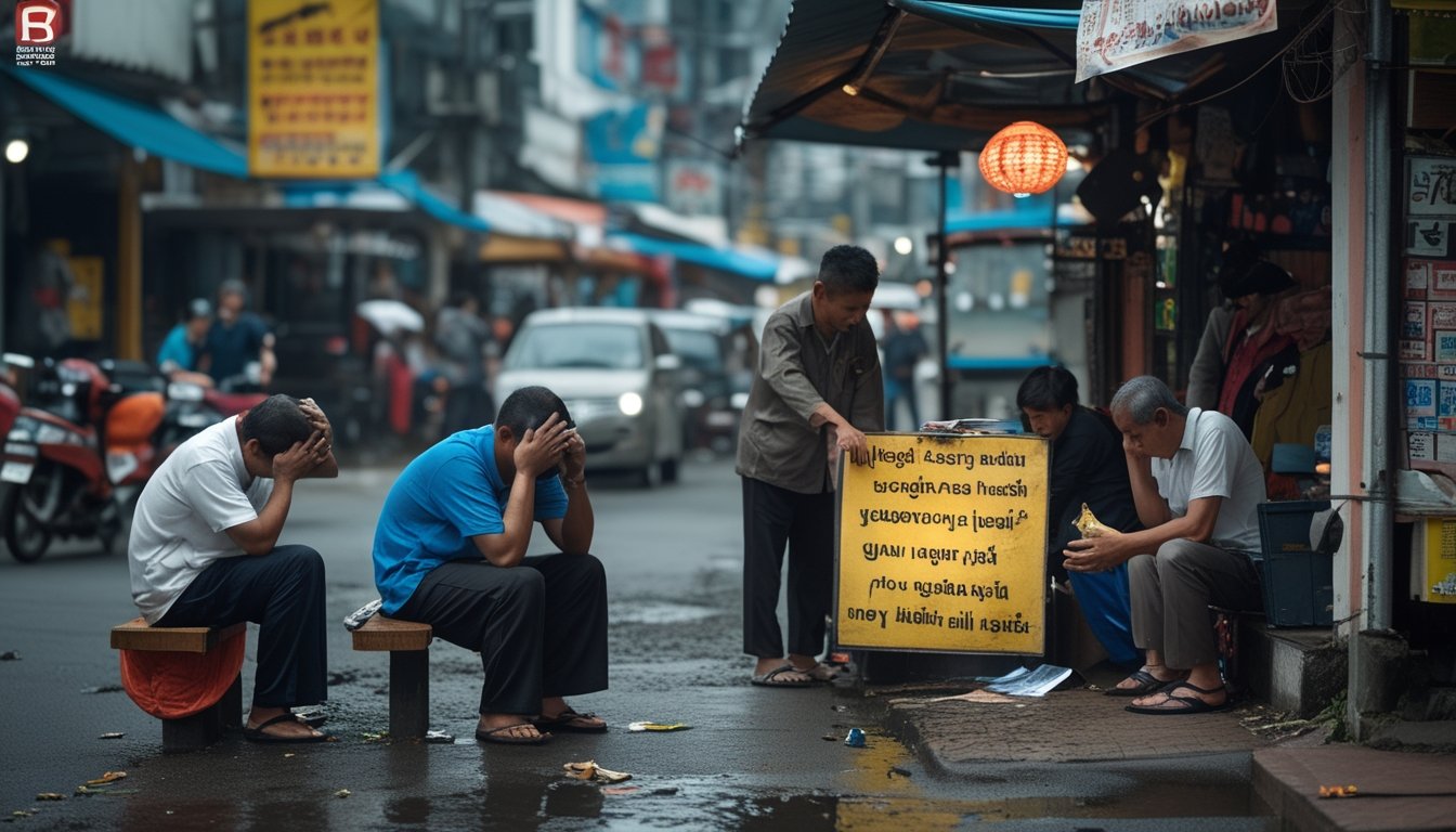 Sekelompok orang Asia Tenggara terlihat sedih dan cemas di sebuah jalan kota, dengan sebuah kios togel ilegal kecil di latar belakang.