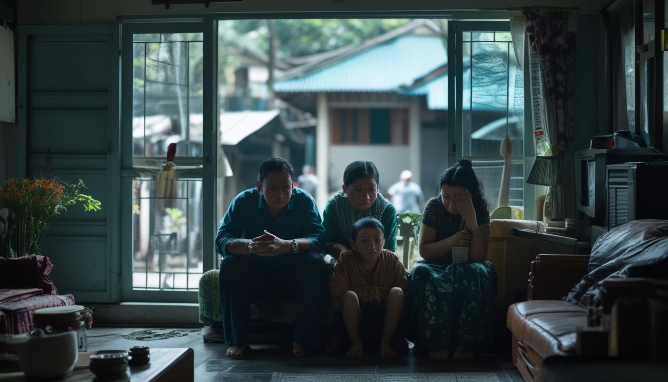 Keluarga Asia Tenggara duduk bersama di ruang tamu dengan ekspresi cemas, menunjukkan dampak sosial perjudian ilegal terhadap keluarga dan komunitas.