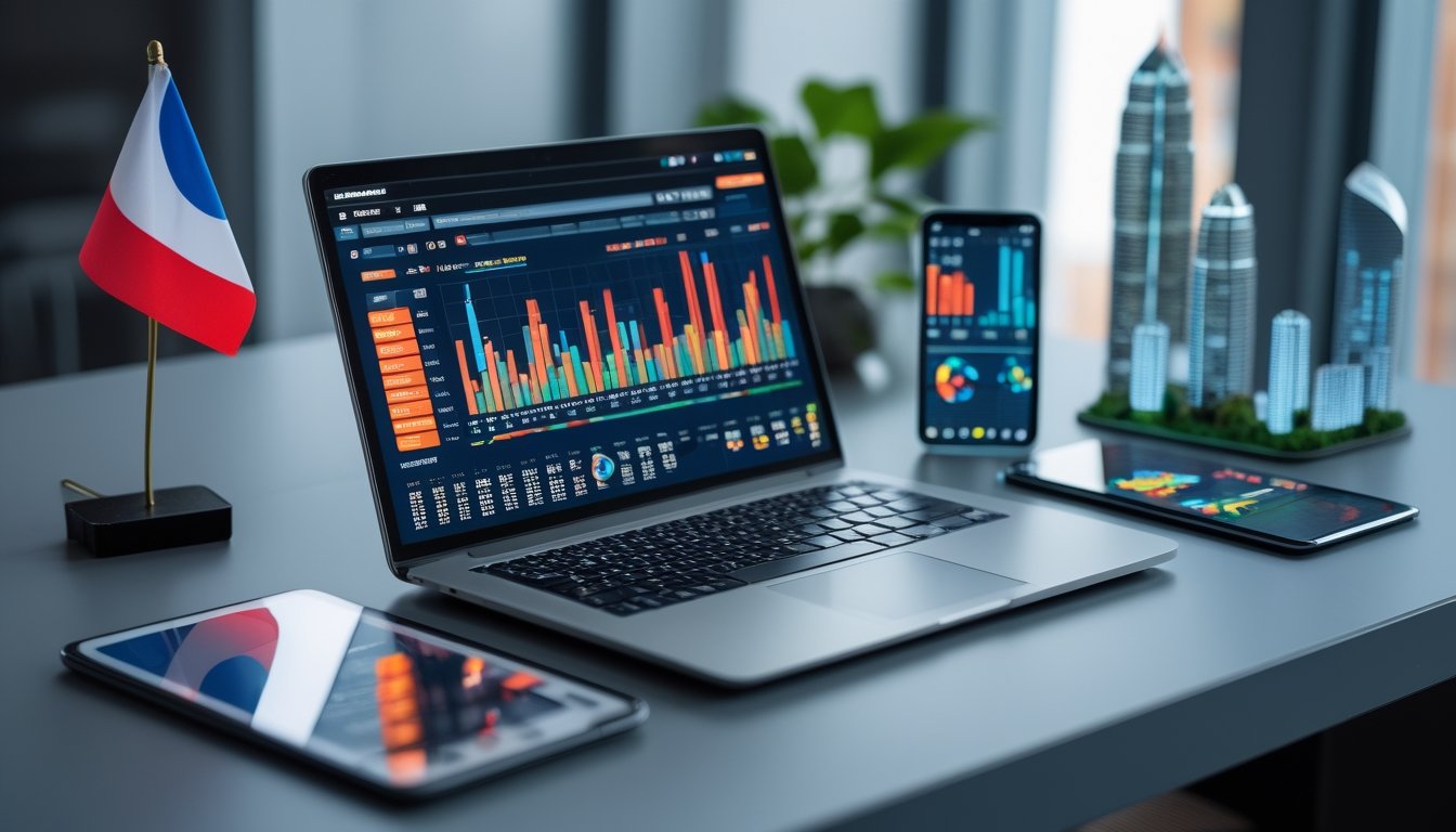 Meja kerja modern dengan laptop yang menampilkan grafik data tren pencarian, dikelilingi oleh perangkat digital dan simbol Indonesia serta Hong Kong.