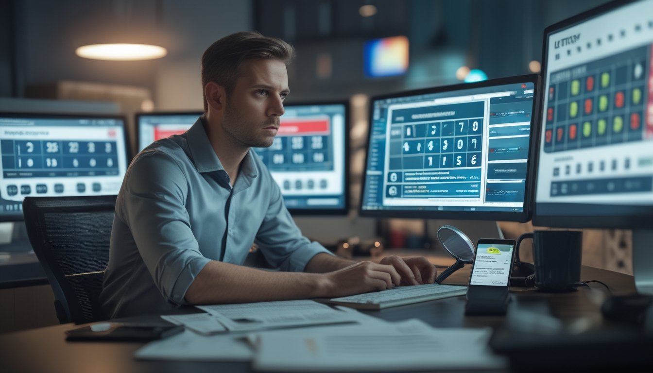 Seorang pria serius duduk di meja dengan beberapa layar komputer menampilkan angka togel dan antarmuka taruhan online, menunjukkan kewaspadaan terhadap penipuan togel daring.