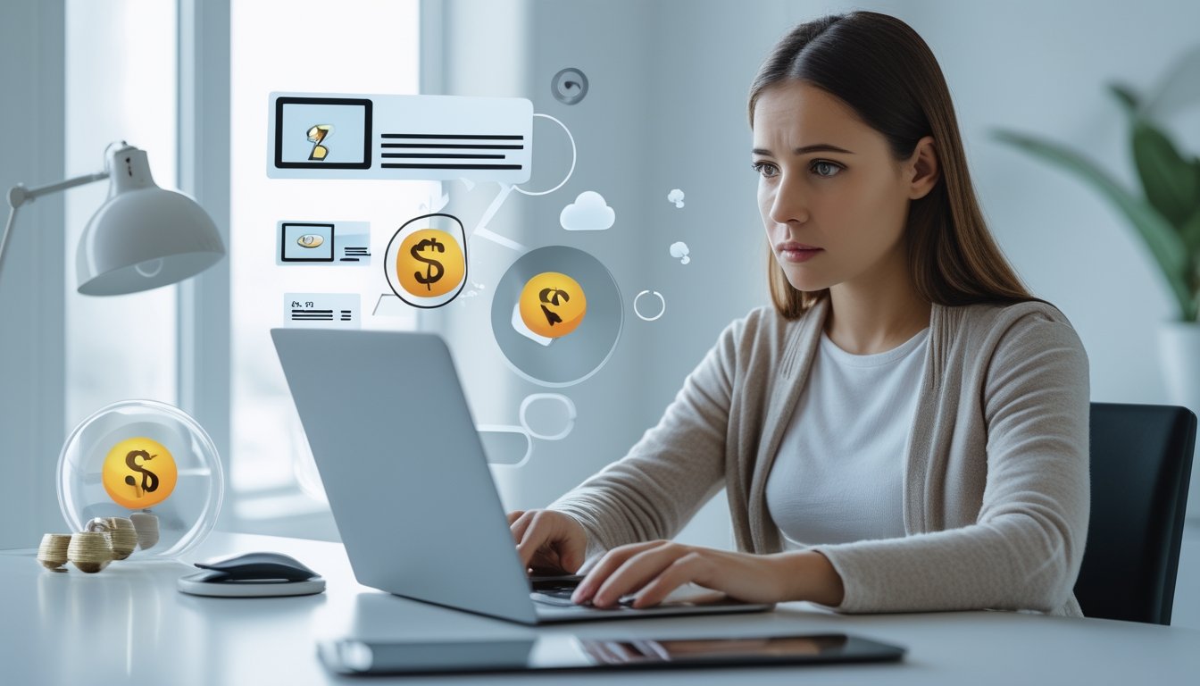 Seorang wanita muda duduk di meja dengan laptop, terlihat khawatir saat memeriksa pesan atau situs web mencurigakan di layar.