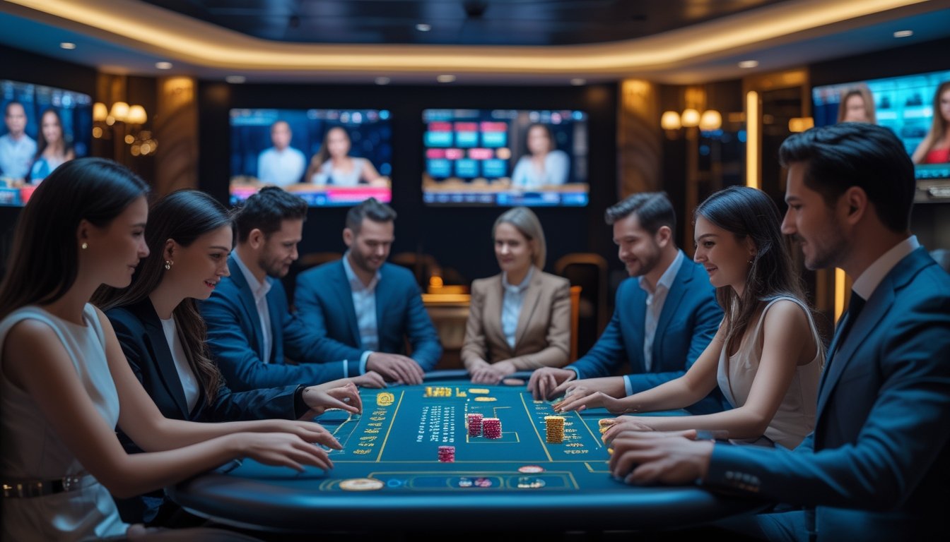 Beberapa orang bermain game kasino online dengan dealer langsung di meja digital, tampak fokus dan serius dalam suasana kasino yang modern.
