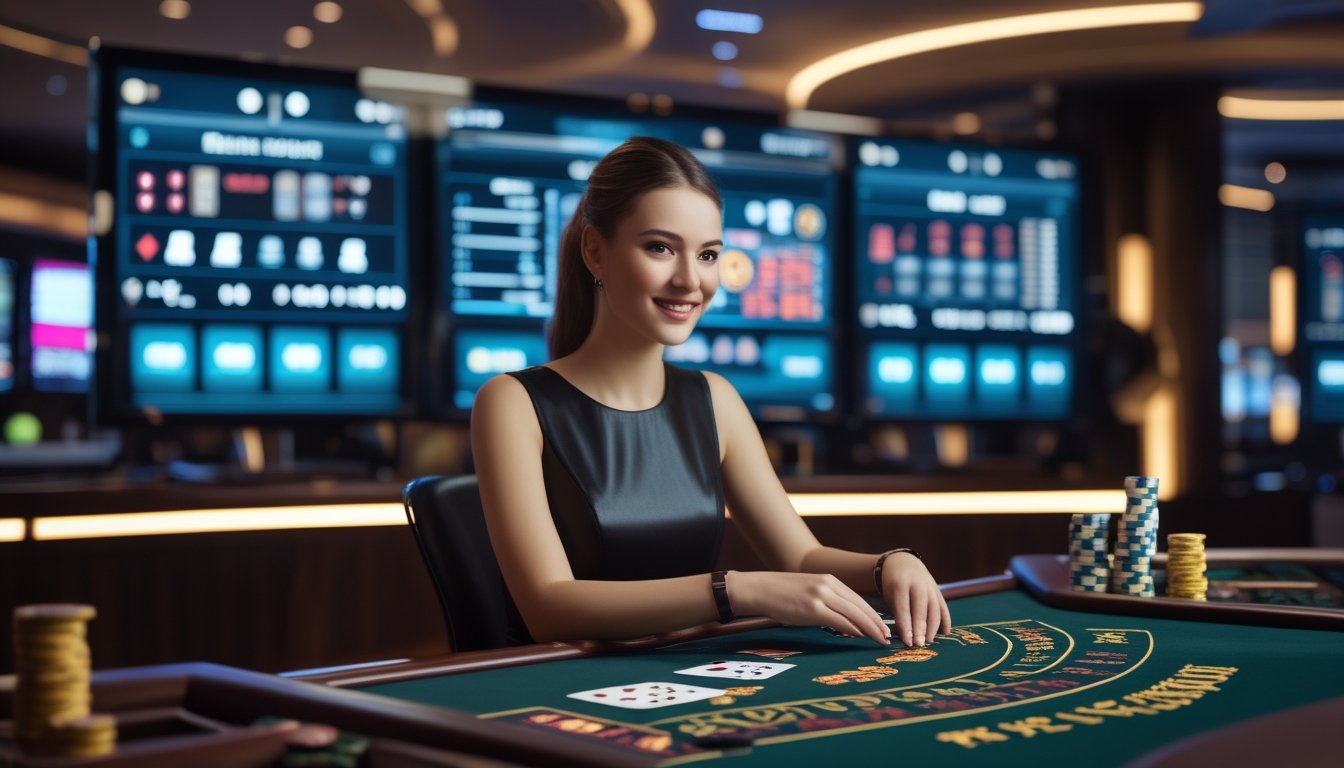 Seorang dealer kasino profesional duduk di meja permainan dengan kartu dan chip, di depan layar besar yang menampilkan antarmuka kasino online.