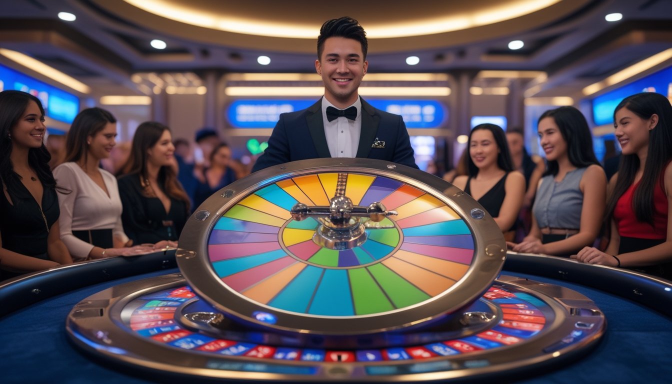 Seorang dealer profesional sedang memandu permainan Money Wheel di kasino digital dengan pemain yang memperhatikan roda berwarna-warni berputar.