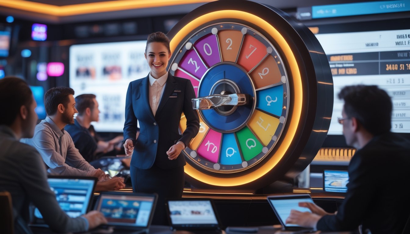 Seorang dealer live yang ramah berdiri di samping roda uang berwarna-warni di kasino digital dengan beberapa pemain yang bermain menggunakan perangkat digital.