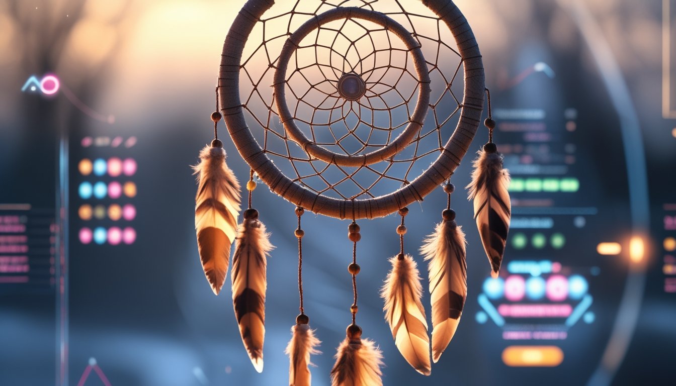 Gambar dream catcher dengan bulu dan jaring yang rumit, dikelilingi oleh ikon permainan digital dan angka yang bersinar.
