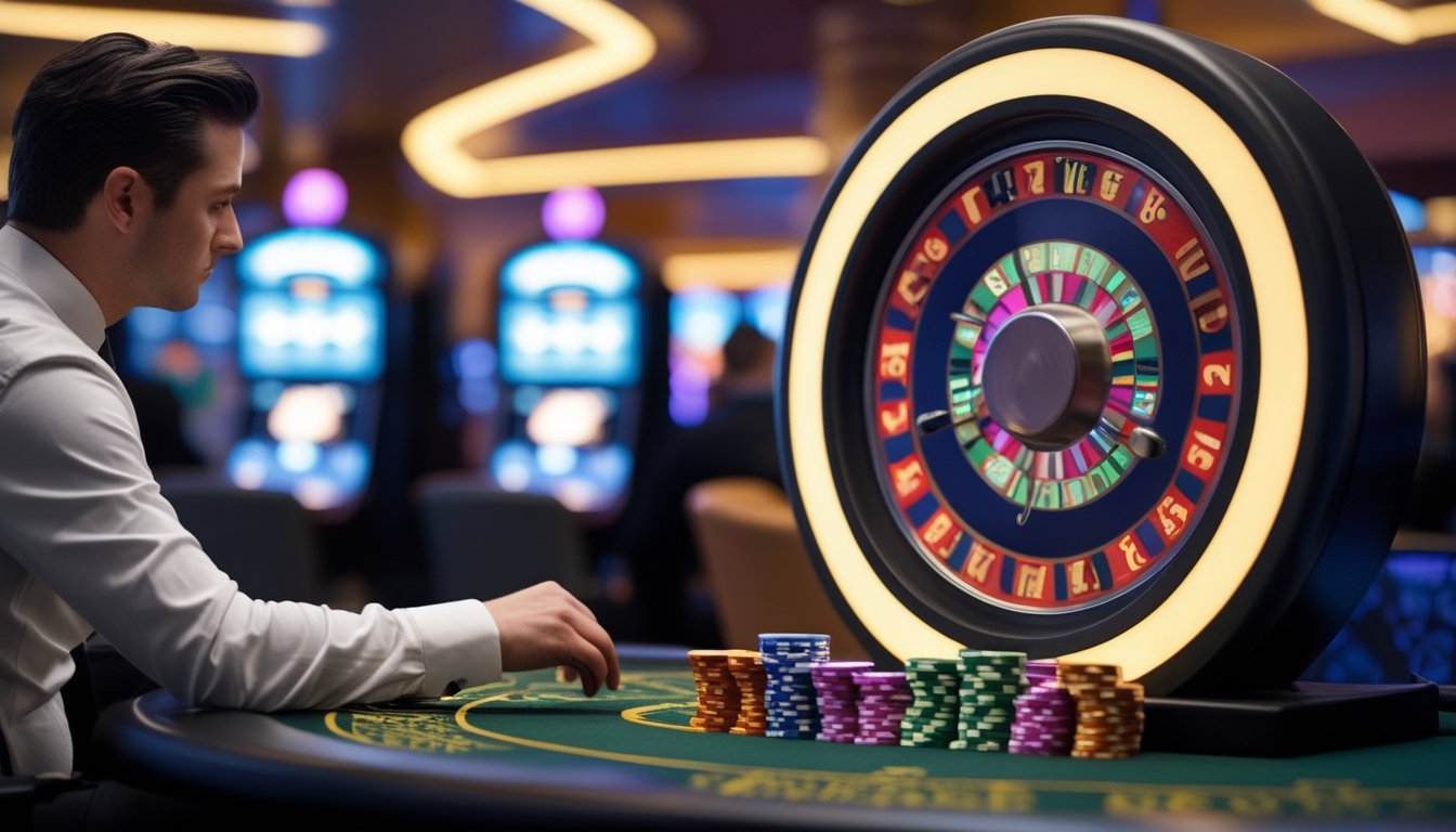 Seorang pemain yang fokus mengelola chip saat bermain permainan roda uang dengan dealer langsung di kasino.