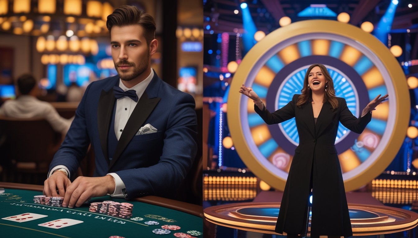 Gambar yang menunjukkan perbedaan antara permainan dealer langsung tradisional dengan permainan game show seperti Dream Catcher dan Money Wheel, dengan dealer di meja kasino di sebelah kiri dan roda uang berwarna cerah dengan pembawa acara di sebelah kanan.