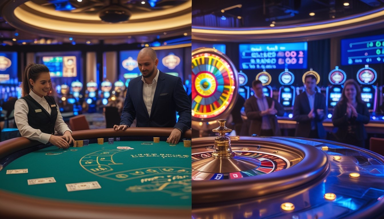 Suasana kasino yang menampilkan perbedaan antara permainan live dealer tradisional dan permainan game show dengan roda berputar dan peserta yang antusias.
