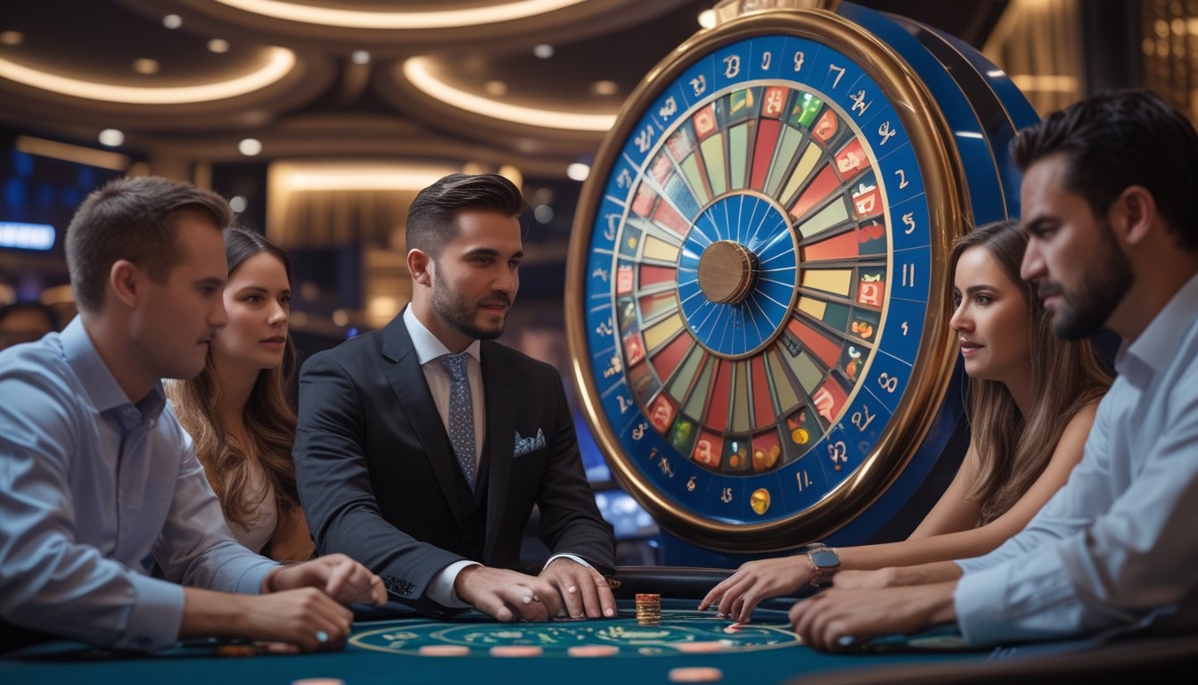 Seorang dealer sedang memutar roda Dream Catcher di kasino langsung dengan pemain yang duduk mengamati dan memasang taruhan.