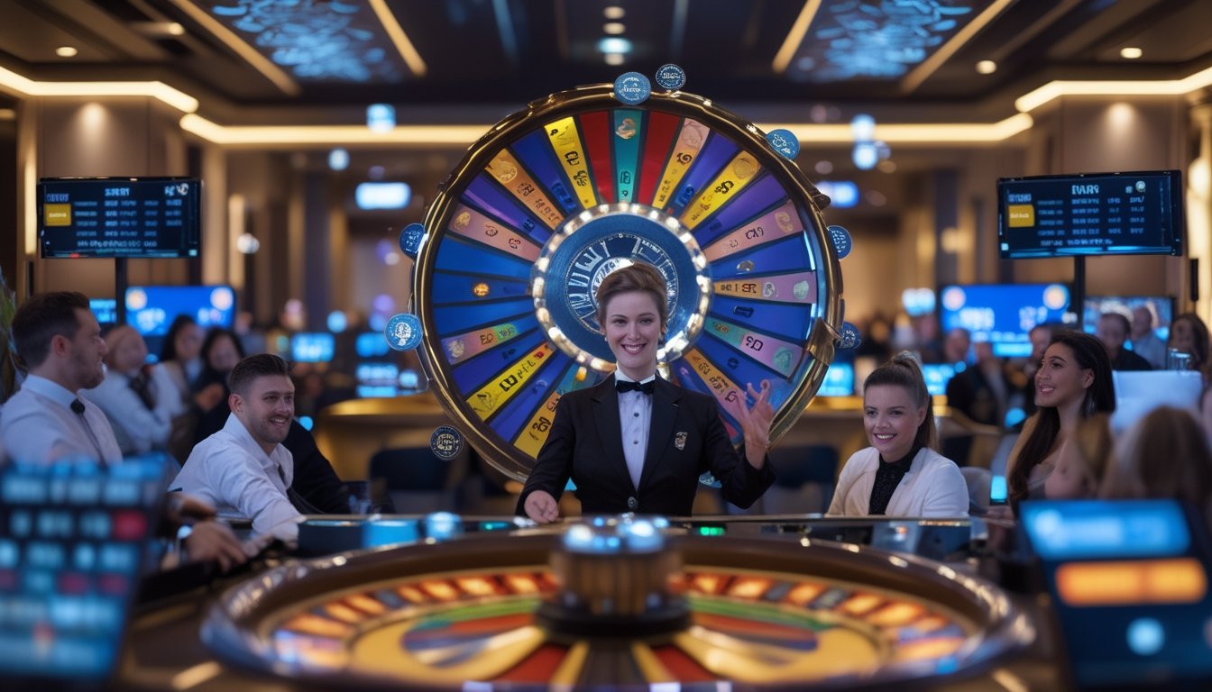 Seorang dealer langsung memutar roda uang di kasino online dengan pemain yang menonton di layar digital.