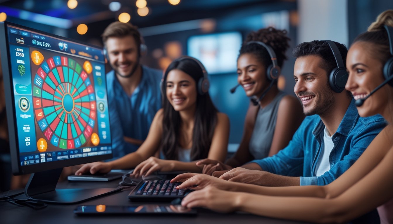 Sekelompok pemain online yang antusias bermain game live dealer Dream Catcher dengan layar komputer besar di ruangan modern.