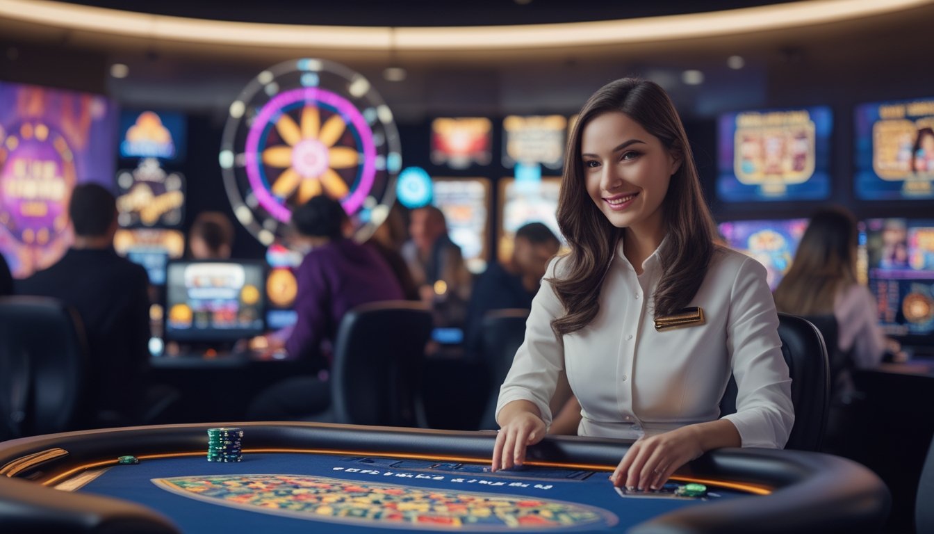 Seorang dealer live yang ramah duduk di meja permainan dengan layar besar menampilkan roda Dream Catcher, di latar belakang pemain menggunakan perangkat mereka untuk bermain game kasino online.