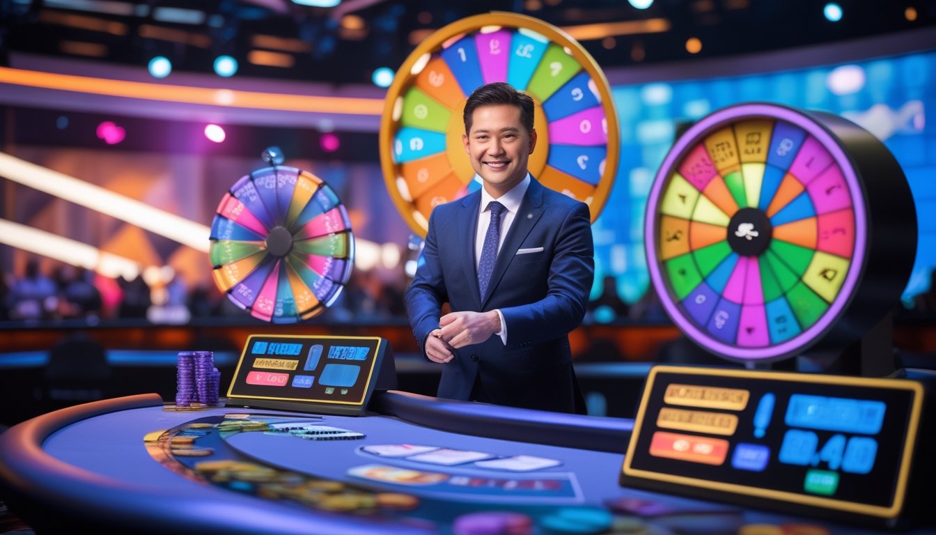 Seorang dealer profesional berdiri di samping dua roda permainan besar berwarna-warni dalam studio kasino langsung dengan pencahayaan cerah dan layar digital yang menampilkan statistik permainan.