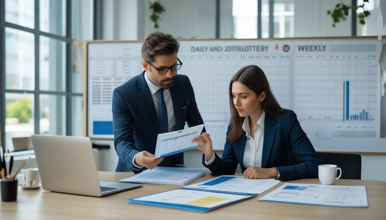 Dua profesional bisnis sedang berdiskusi dengan serius di kantor modern, dengan dokumen, laptop, dan kalender di meja mereka.