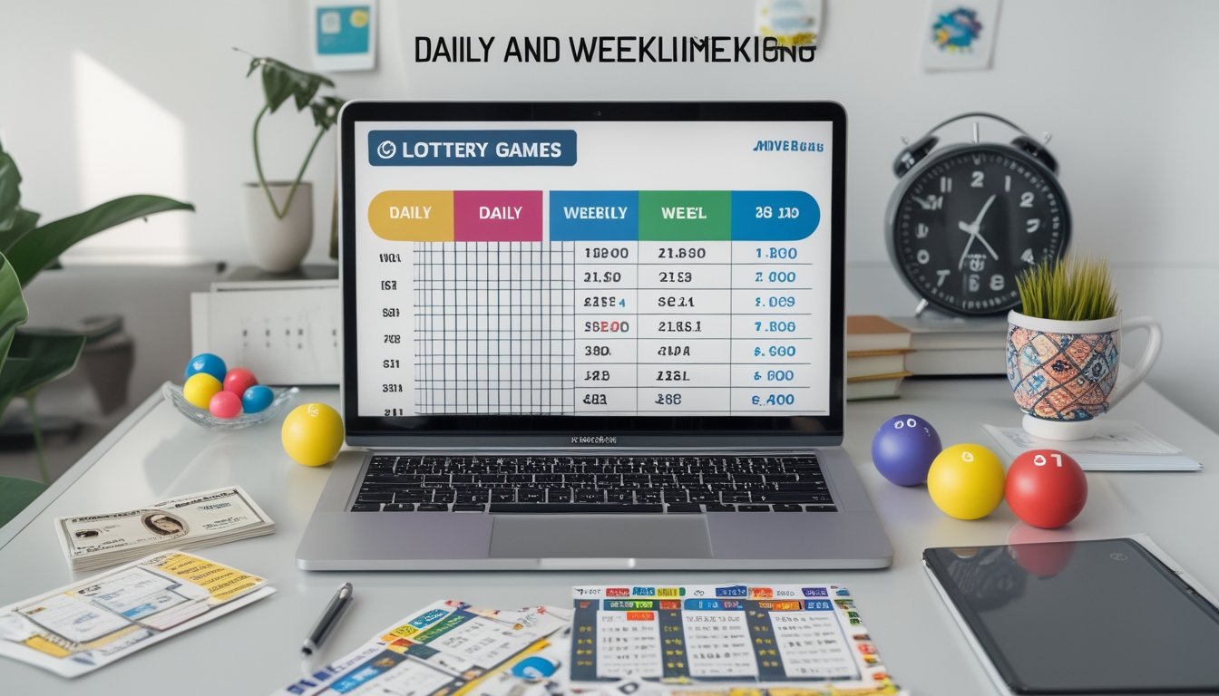 Seorang pria di meja kerja dengan laptop, kalender, tiket lotere, dan bola bernomor, sedang menganalisis data permainan togel harian dan mingguan.