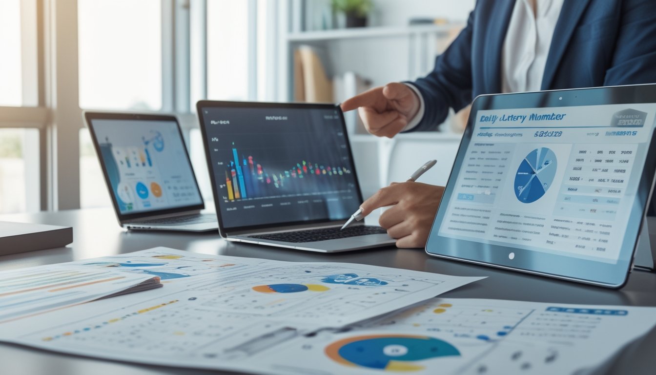Meja kerja dengan perangkat digital dan kertas yang menampilkan grafik dan data angka, dengan tangan seseorang menunjuk ke grafik untuk analisis.