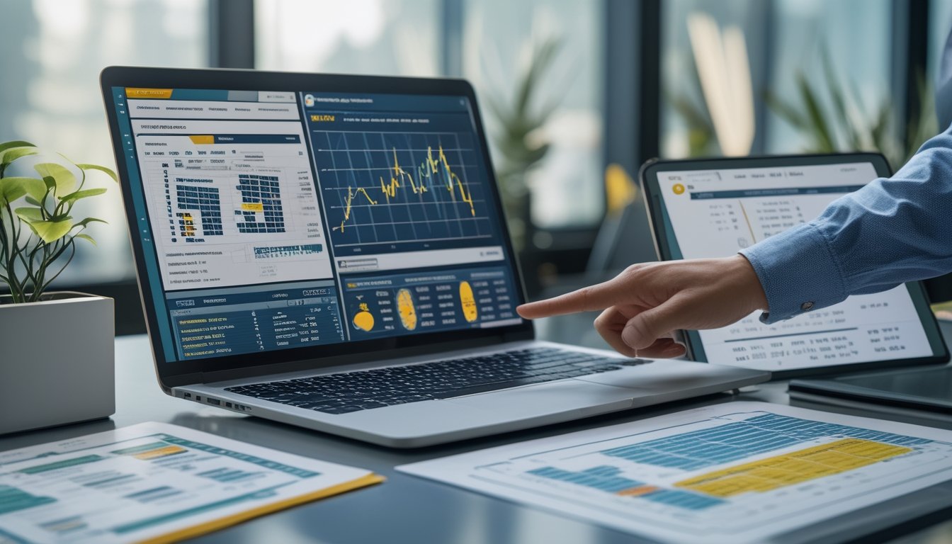 Sebuah meja kerja modern dengan perangkat digital yang menampilkan grafik dan data angka, serta tangan seseorang menunjuk ke layar laptop.