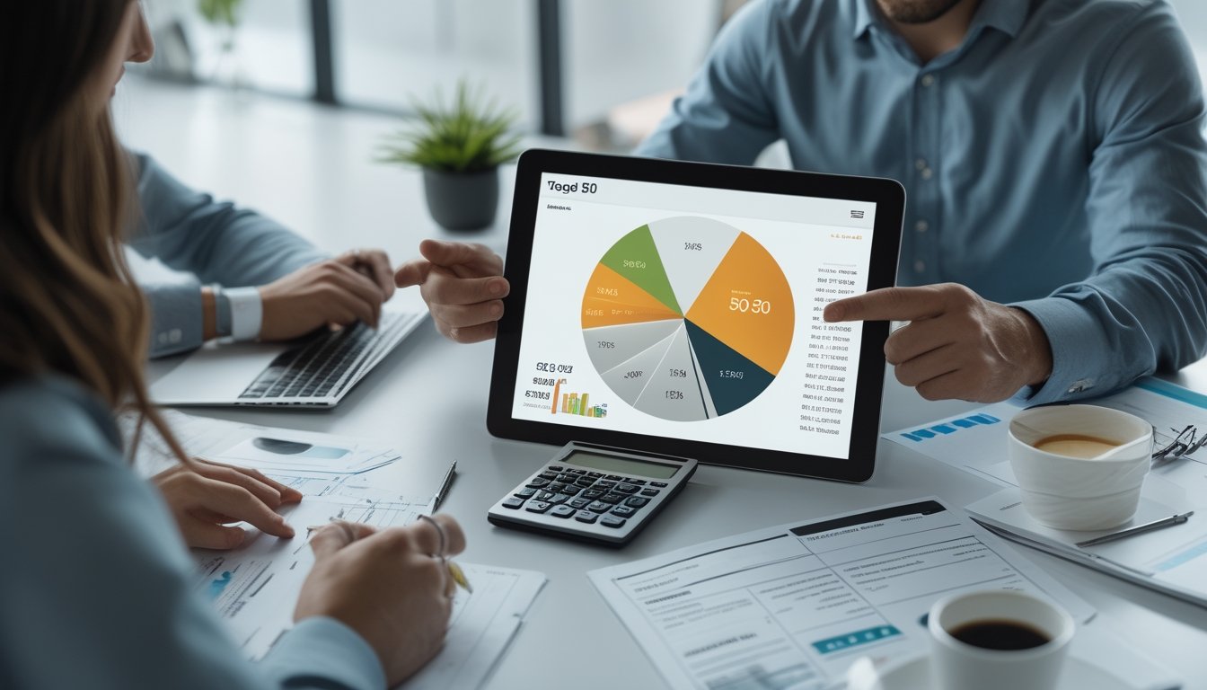 Dua orang sedang berdiskusi di meja kantor dengan dokumen keuangan dan grafik pembagian hasil 50-50.