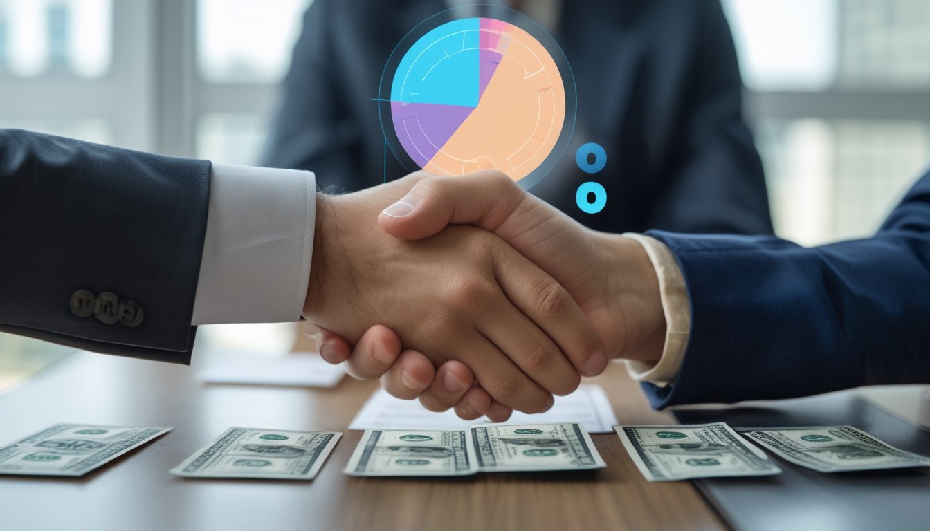 Dua orang berjabat tangan di atas meja dengan tiket togel dan uang, di latar belakang terdapat grafik lingkaran yang terbagi dua sama besar.