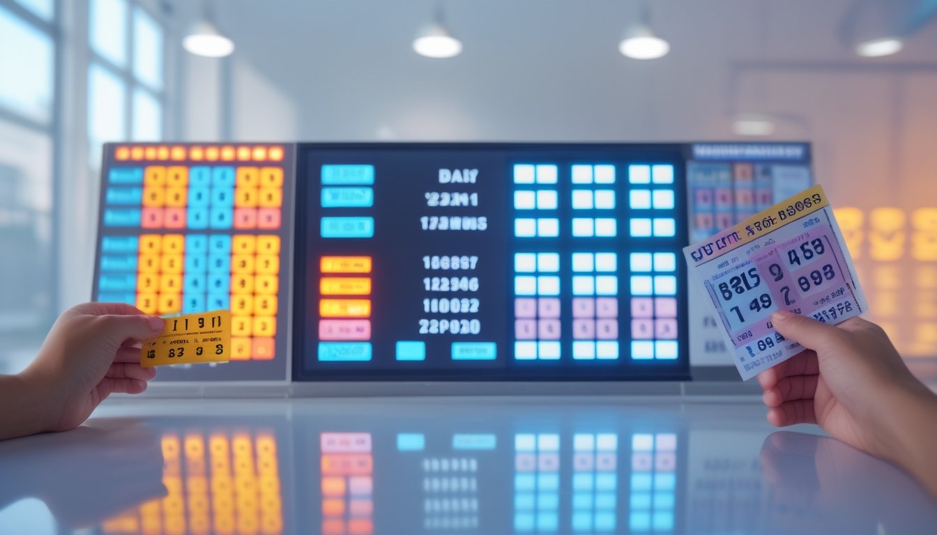 Dua kalender berdampingan menunjukkan tanggal harian dan mingguan dengan tangan memegang tiket lotre di masing-masing sisi serta papan digital menampilkan angka pengundian di tengah.