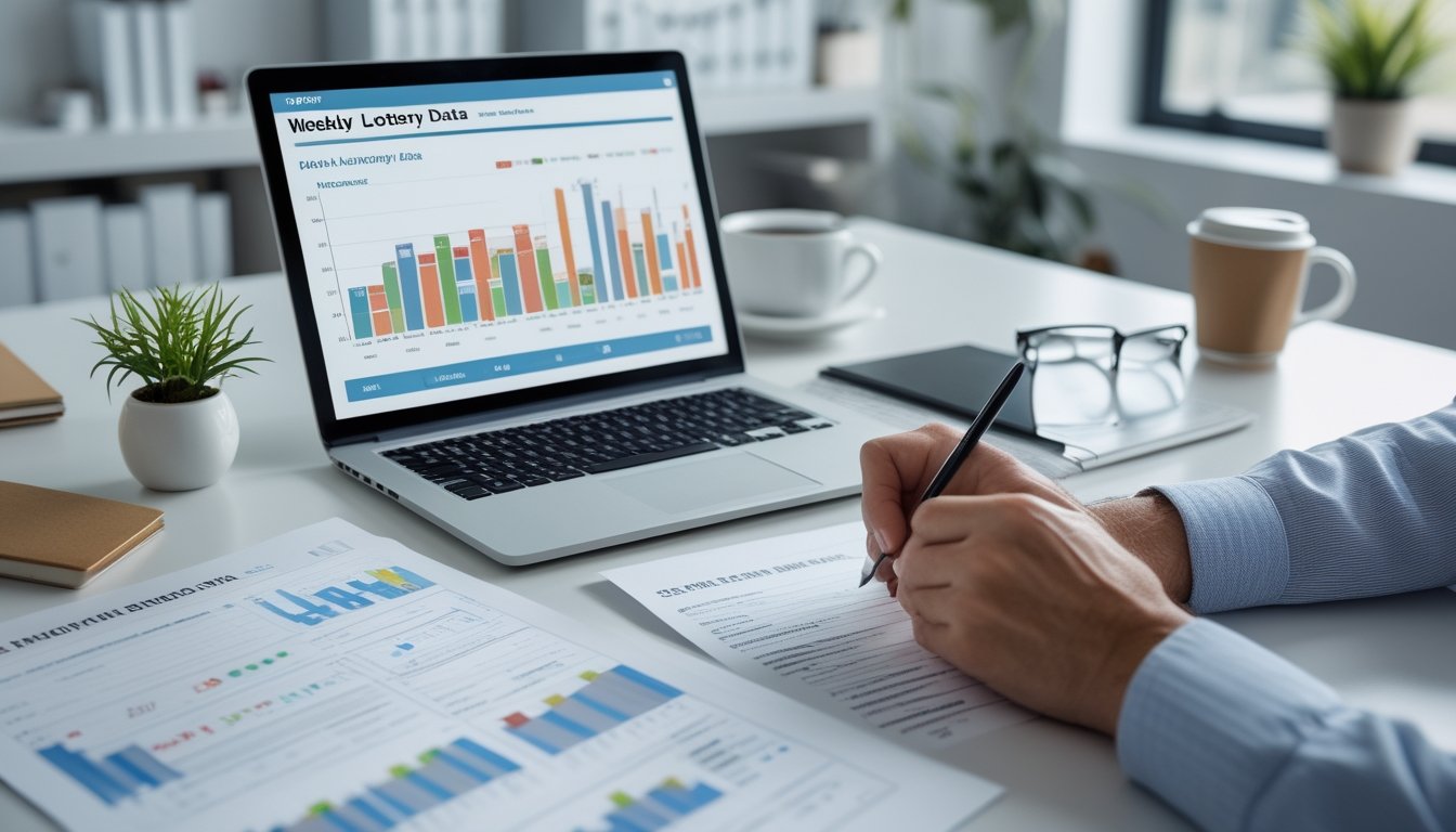 Seorang pria sedang menganalisis data statistik di meja kerja dengan laptop yang menampilkan grafik dan laporan cetak di sekitarnya.