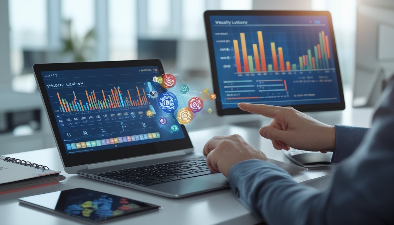 Meja kerja dengan perangkat digital yang menampilkan grafik dan data statistik togel, seseorang sedang menganalisis pola pergerakan angka.
