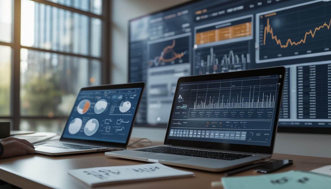 Seorang profesional sedang bekerja di meja dengan laptop, grafik, dan catatan untuk menganalisis data hasil togel.