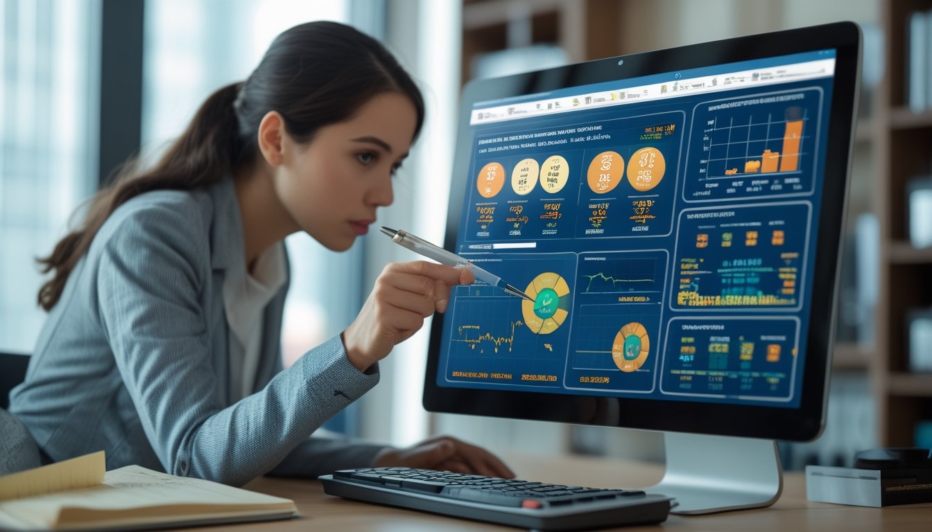 Seseorang sedang menganalisis data hasil togel historis di depan komputer dalam ruangan kantor yang terang.