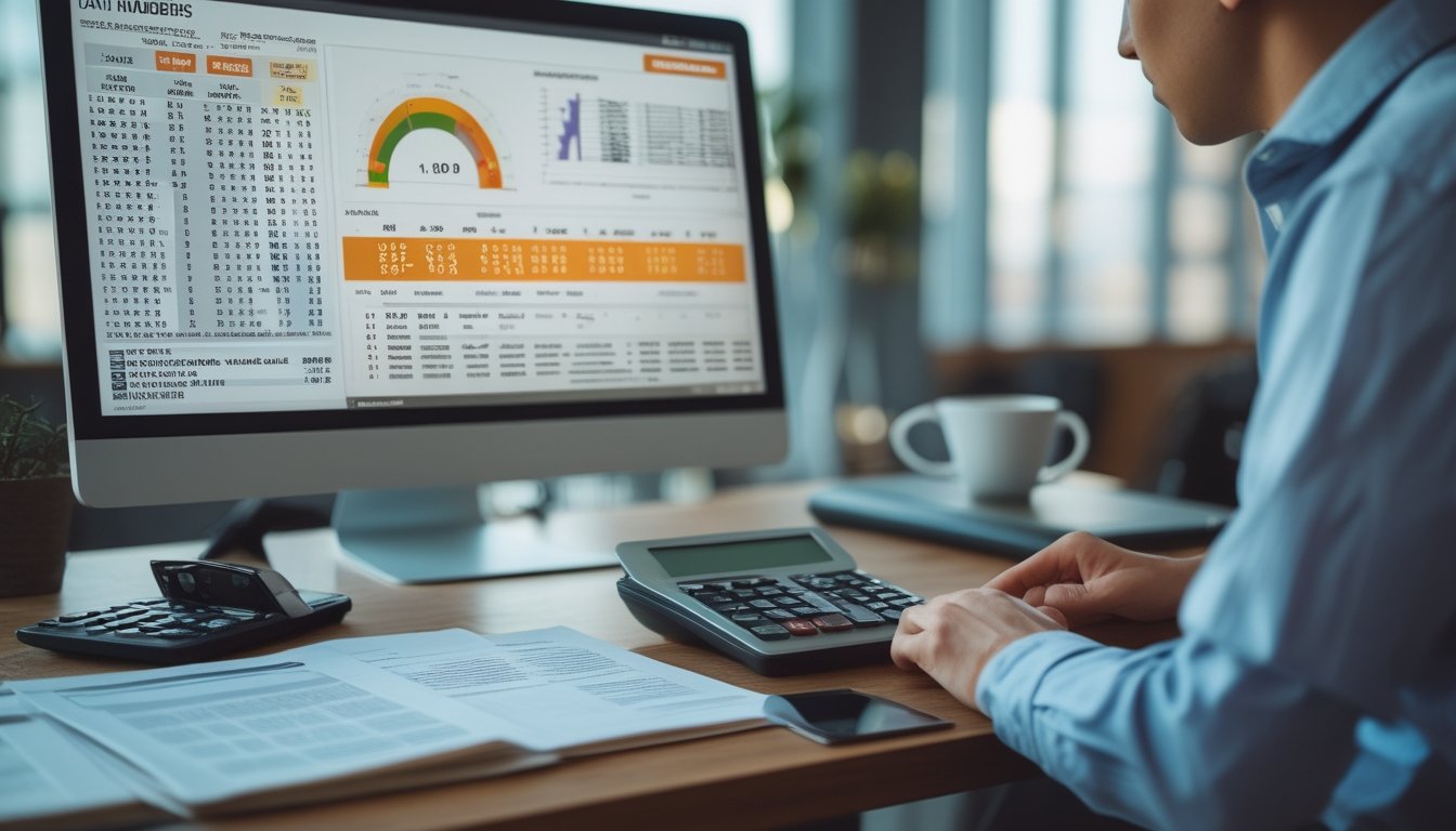 Seorang pekerja di kantor sedang menganalisis data angka togel harian di depan komputer dengan dokumen dan kalkulator di meja.