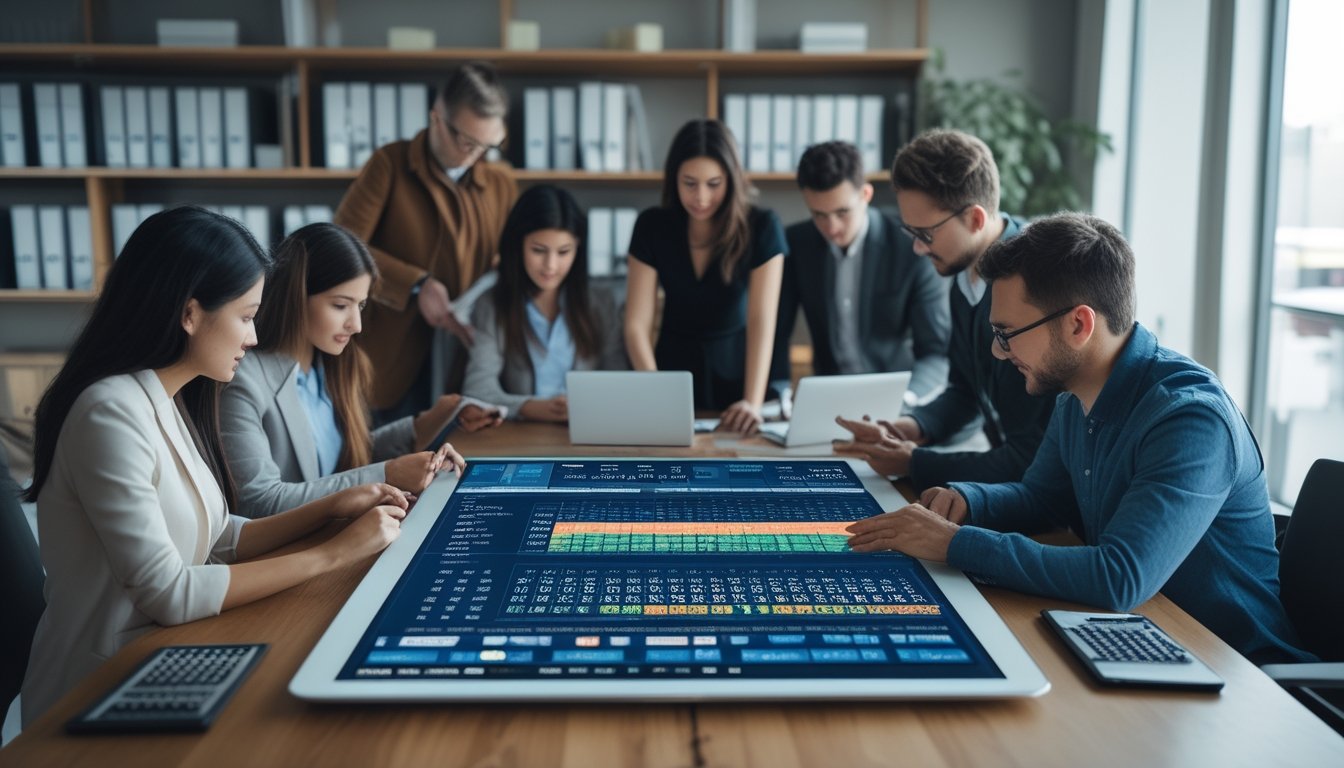 Orang-orang bekerja sama di ruang kantor dengan layar digital besar menampilkan data angka dan grafik terkait sistem togel harian.