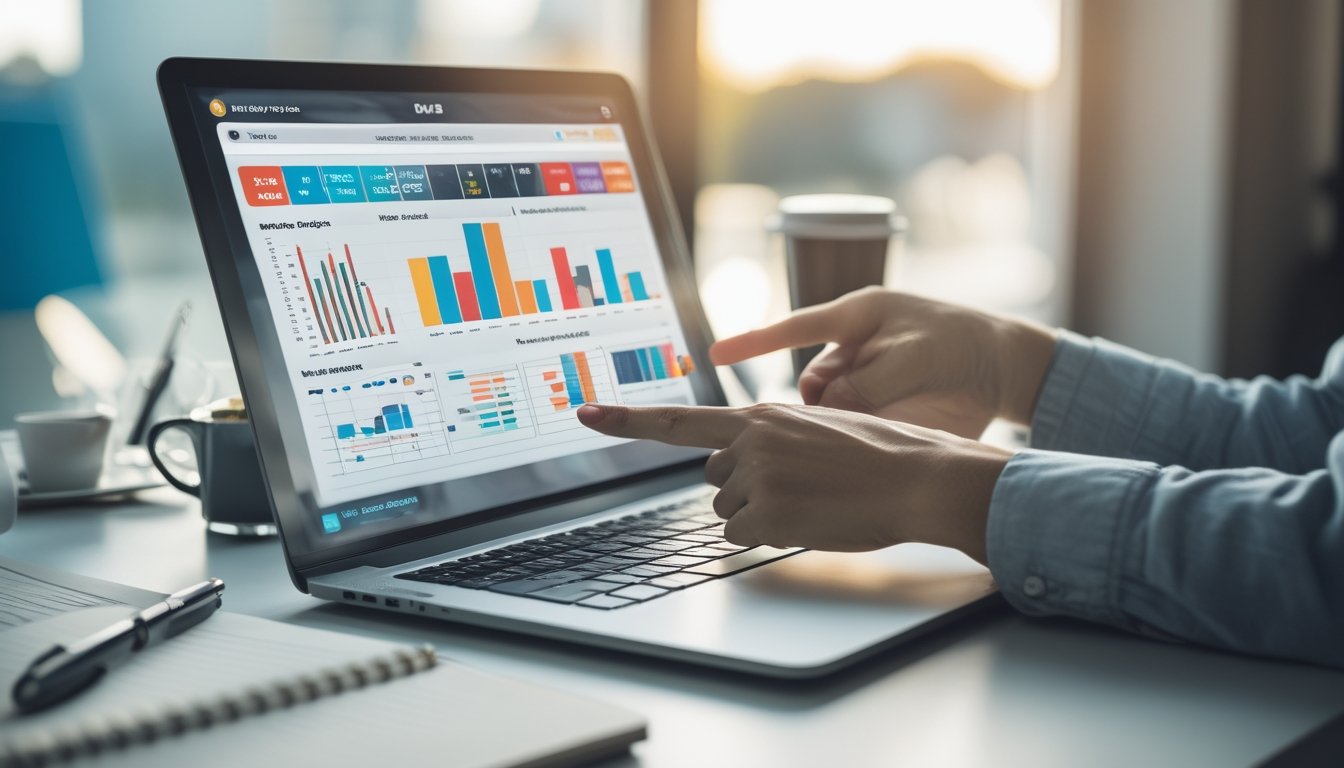Meja kerja dengan perangkat digital menampilkan grafik dan data statistik, tangan seseorang menunjuk ke layar laptop, suasana fokus dan terorganisir.